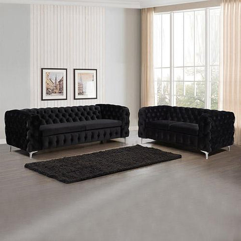 Furniture > Sofas 3+2 Seater Sofa Classic Button Tufted Lounge in Black Velvet Fabric with Metal Legs