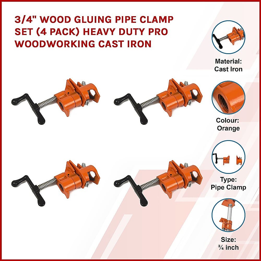 3/4" Wood Gluing Pipe Clamp Set (4 Pack) Heavy Duty Pro Woodworking Cast Iron
