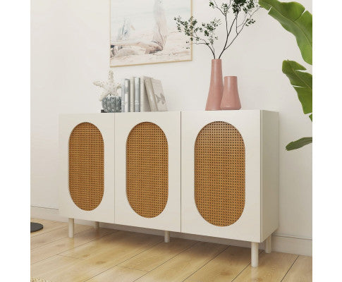 3 Door Rattan Sideboard in White/Maple