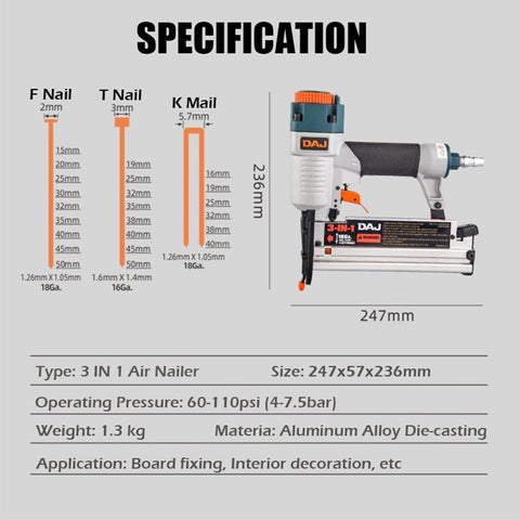 3 IN 1 Air Nailer Nail Gun Stapler Pneumatic Frame Heavy Duty Woodworking Tool