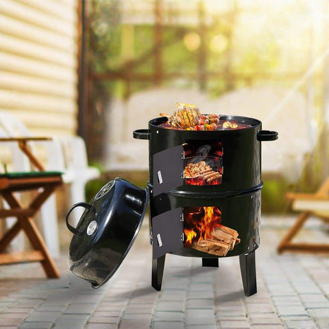 outdoor living 3 in 1 Charcoal Vertical Smoker BBQ Grill Roaster Portable Outdoor Steel Steamer