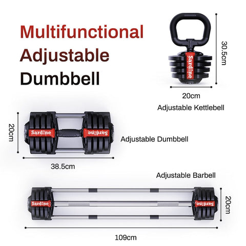 3-In-1 Multi-Functional Adjustable Dumbbell With Twist-Lock, All-In-One With Dumbbell-Barbell-Kettlebell, 1.5KG To 18KG, 3LB To 40LB - Pair
