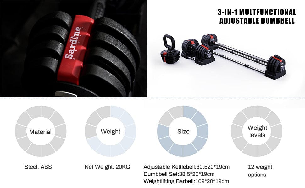 3-In-1 Multi-Functional Adjustable Dumbbell With Twist-Lock, All-In-One With Dumbbell-Barbell-Kettlebell, 1.5KG To 18KG, 3LB To 40LB - Pair