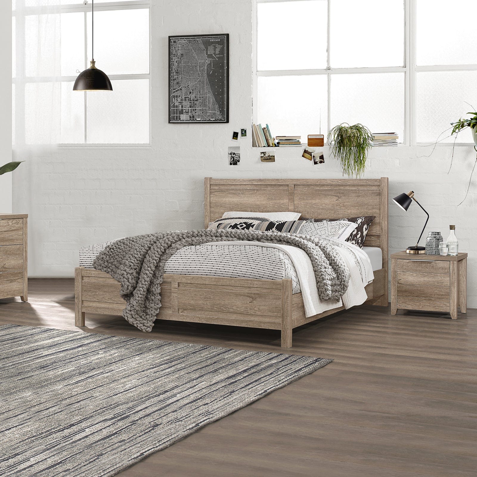 3 Pieces Bedroom Suite Natural Wood Double Oak Colour, Bedside Table