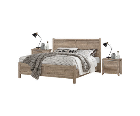 3 Pieces Bedroom Suite Natural Wood Like MDF Structure King Size Oak Colour Bed, Bedside Table