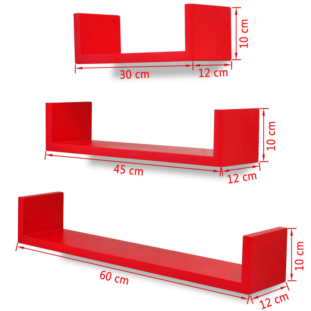 3 Red MDF U-shaped Floating Wall Display Shelves Book/DVD Storage