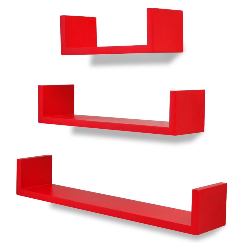 3 Red MDF U-shaped Floating Wall Display Shelves Book/DVD Storage