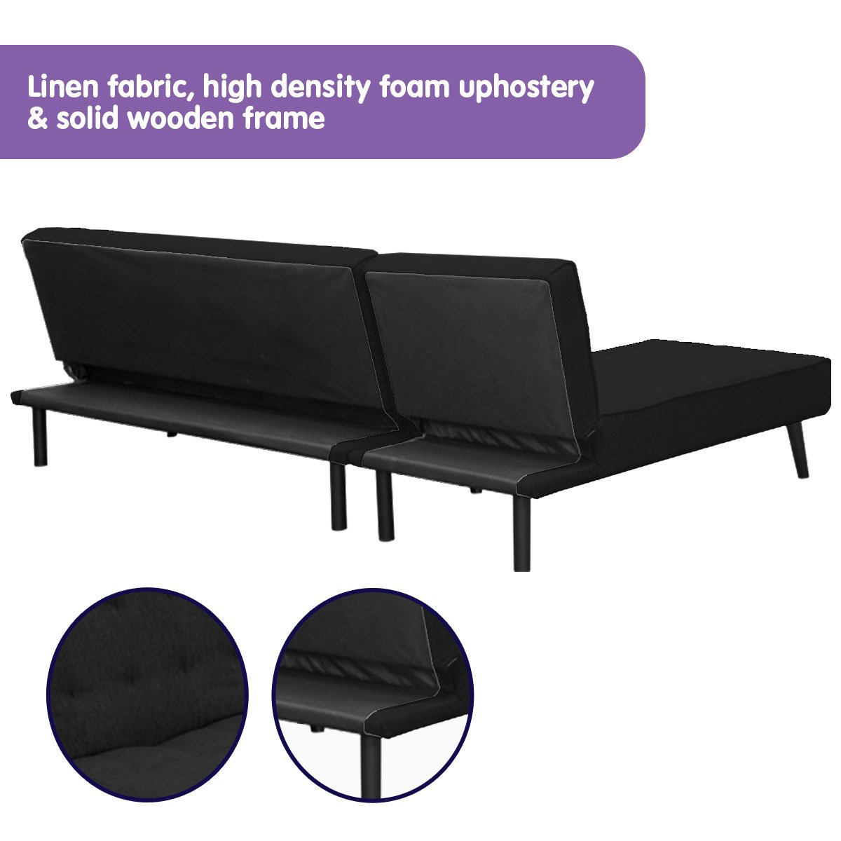 indoor furniture 3-Seater Corner Sofa Bed Lounge Chaise Couch - Black