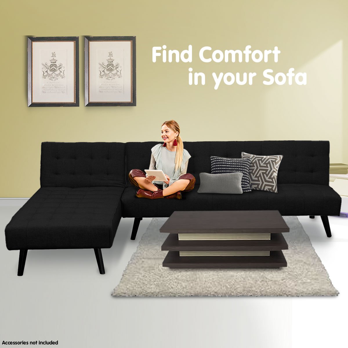 indoor furniture 3-Seater Corner Sofa Bed Lounge Chaise Couch - Black