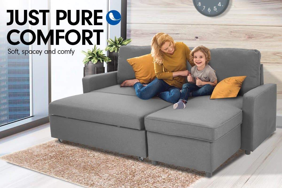 3-Seater Corner Sofa Bed w/ Storage Lounge Chaise Couch - Light Grey