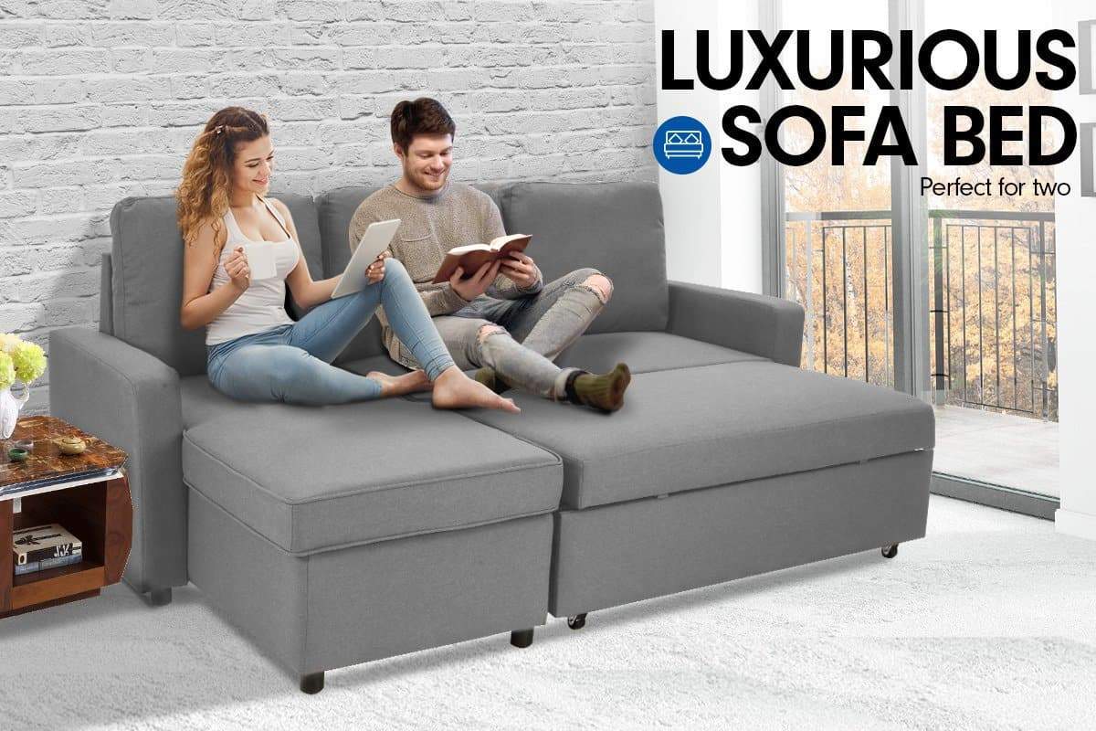 3-Seater Corner Sofa Bed w/ Storage Lounge Chaise Couch - Light Grey