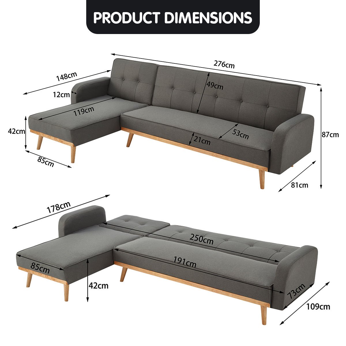 indoor furniture 3-Seater Corner Sofa Bed with Chaise Lounge - Dark Grey