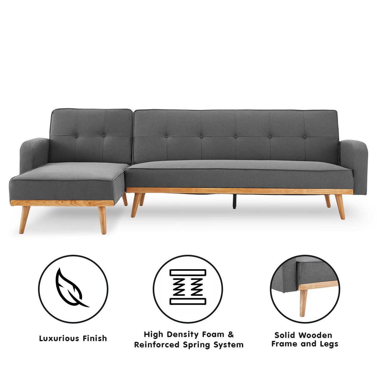 indoor furniture 3-Seater Corner Sofa Bed with Chaise Lounge - Dark Grey