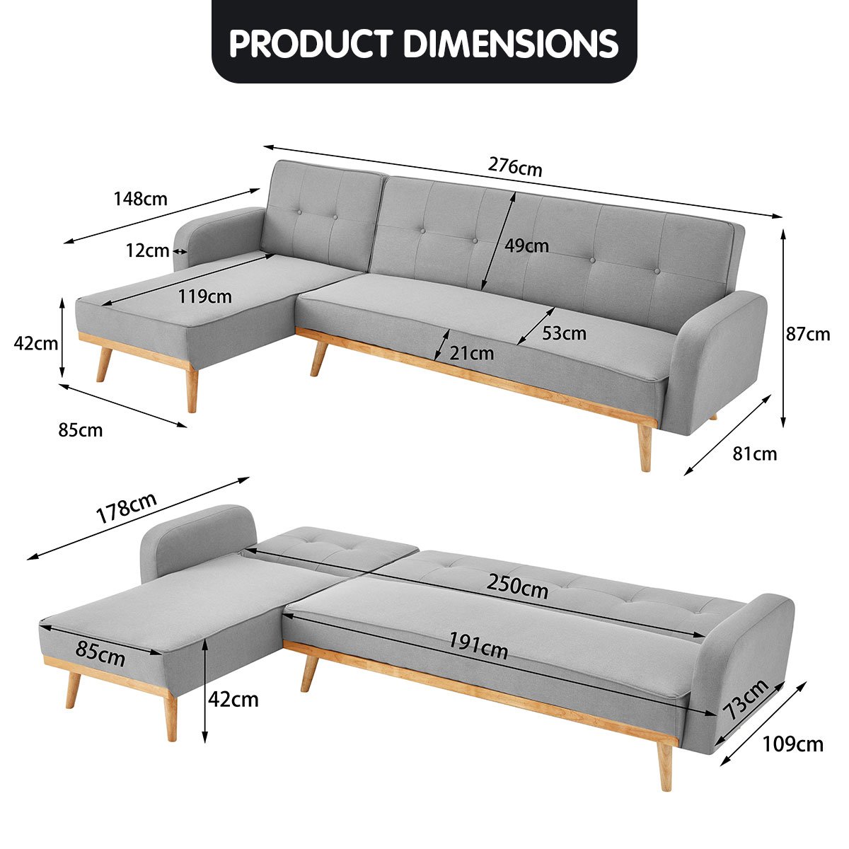 indoor furniture 3-Seater Corner Sofa Bed with Chaise Lounge - Light Grey