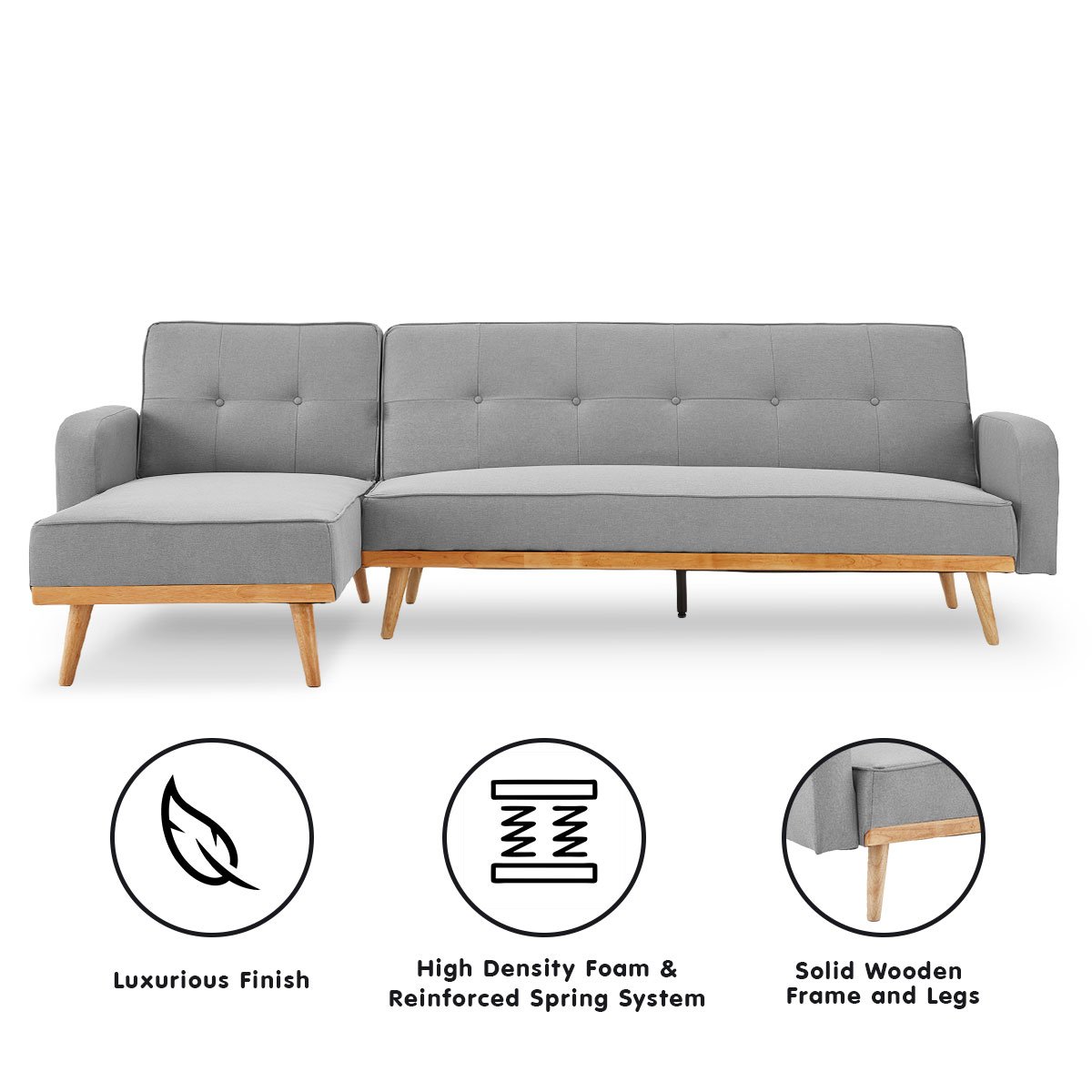 indoor furniture 3-Seater Corner Sofa Bed with Chaise Lounge - Light Grey