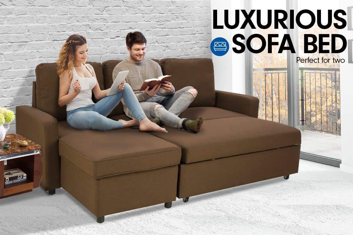 3-Seater Corner Sofa Bed With Storage Lounge Chaise Couch - Brown