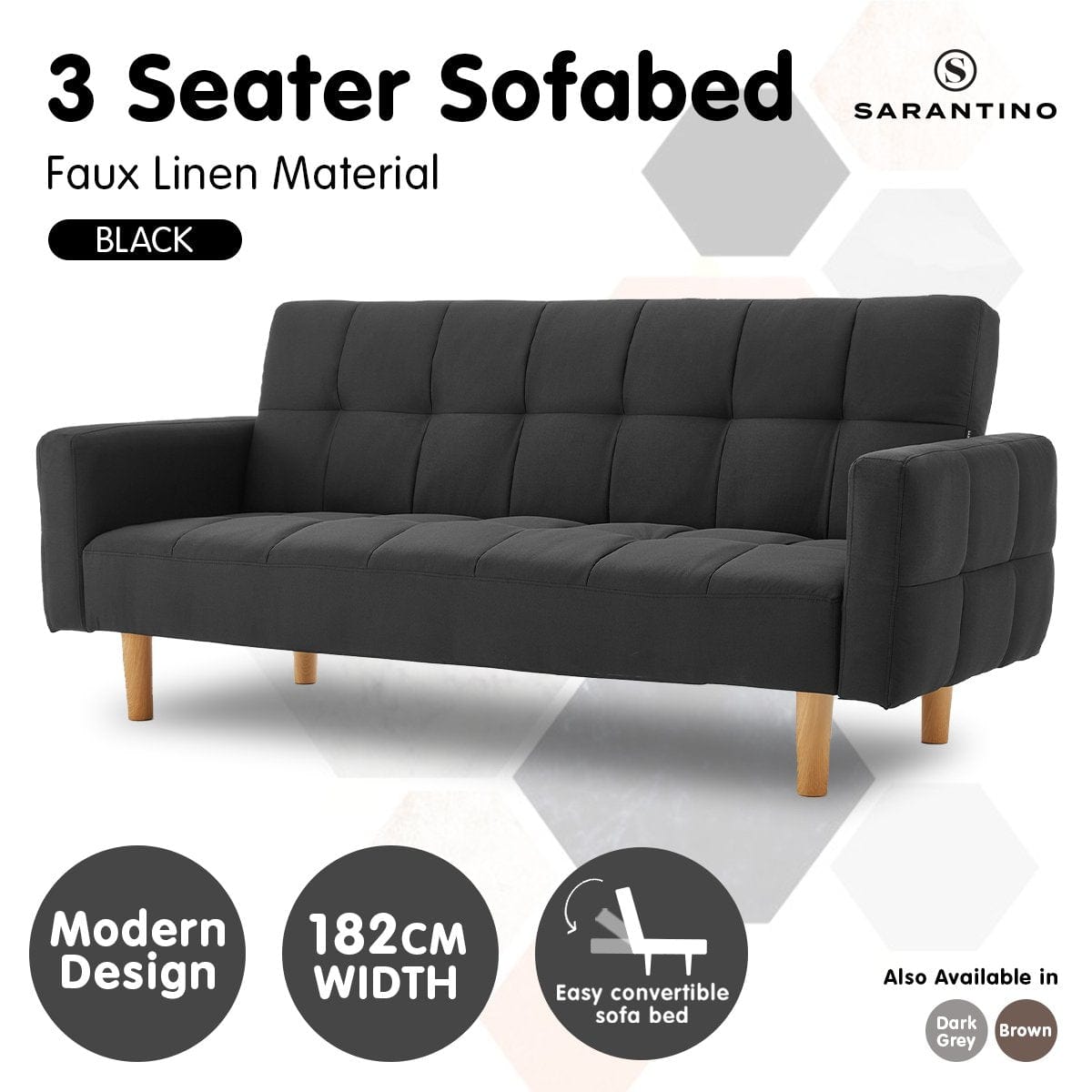 3-Seater Fabric Sofa Bed Futon - Black