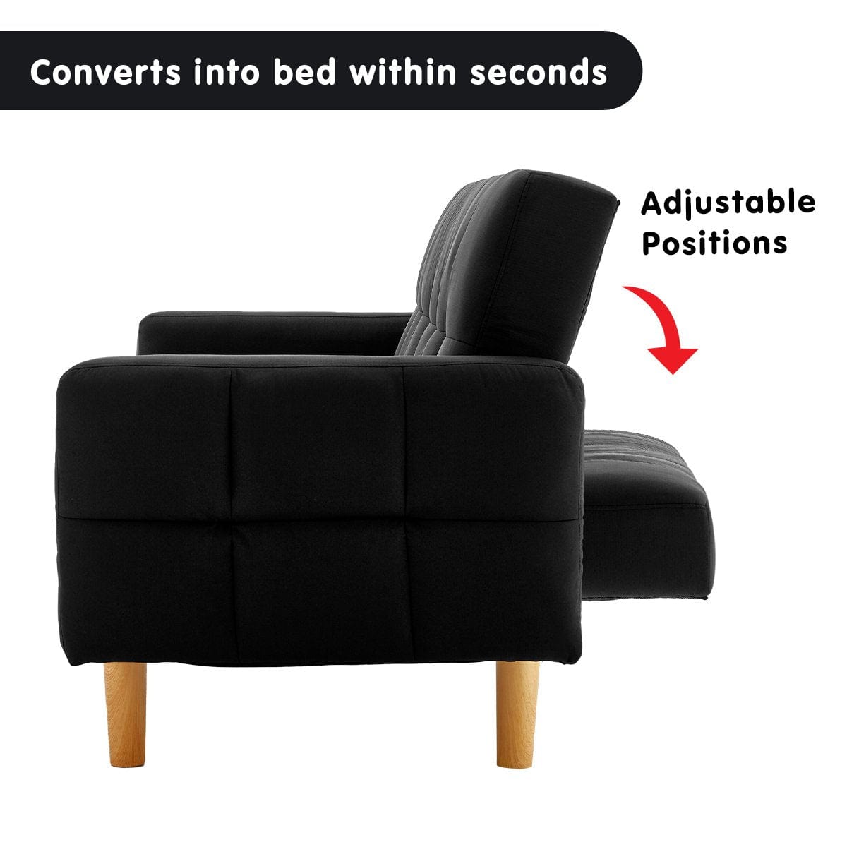 3-Seater Fabric Sofa Bed Futon - Black