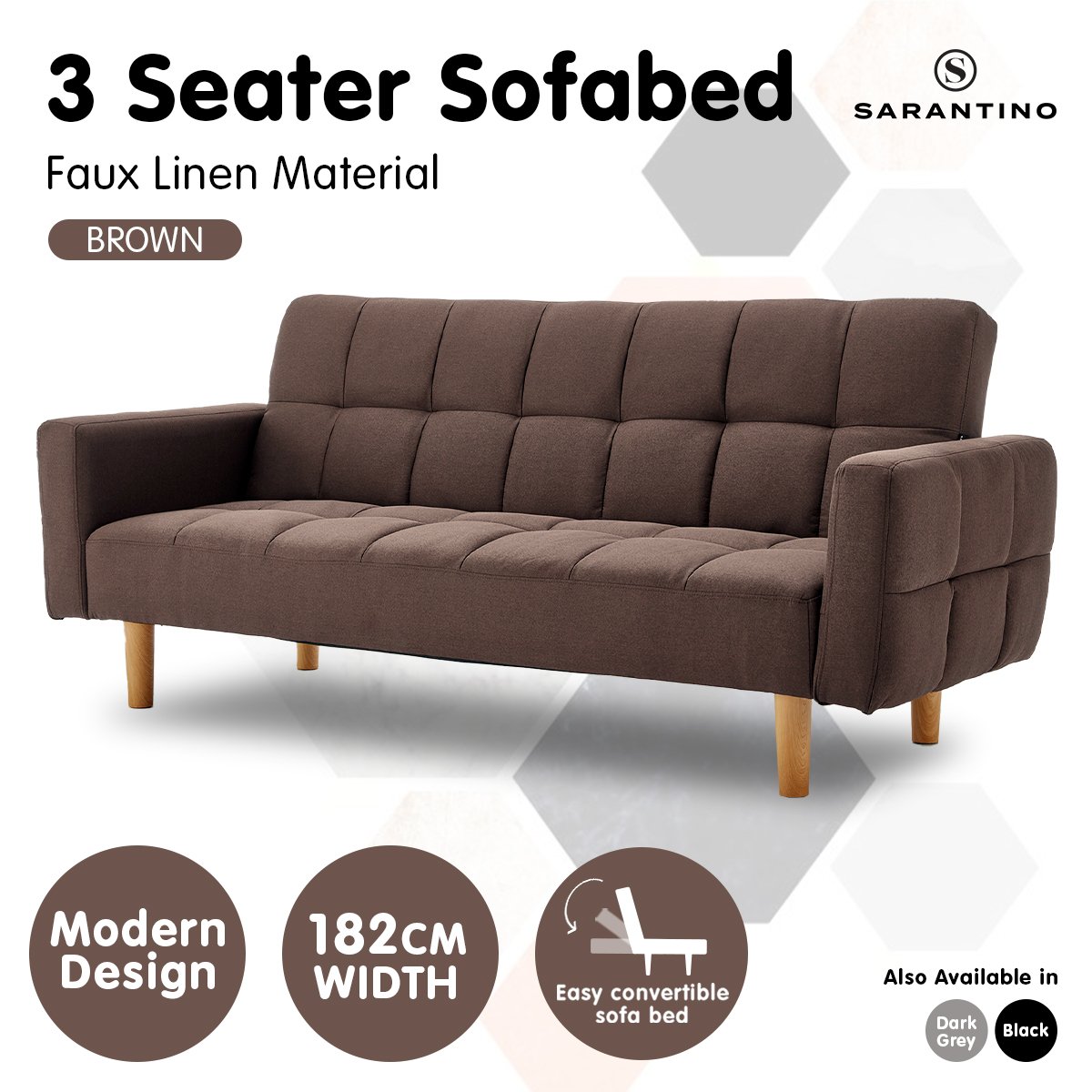 indoor furniture 3-Seater Fabric Sofa Bed Futon - Brown