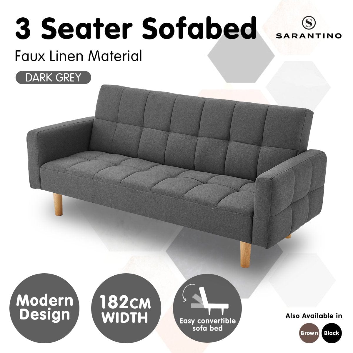 3-Seater Fabric Sofa Bed Futon - Dark Grey