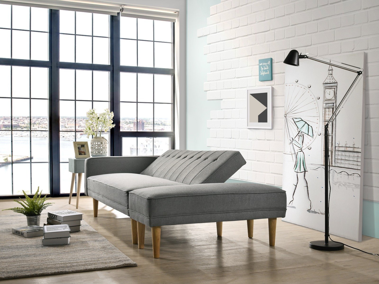 Furniture 3 Seater Fabric Sofa Bed with Ottoman - Light Grey