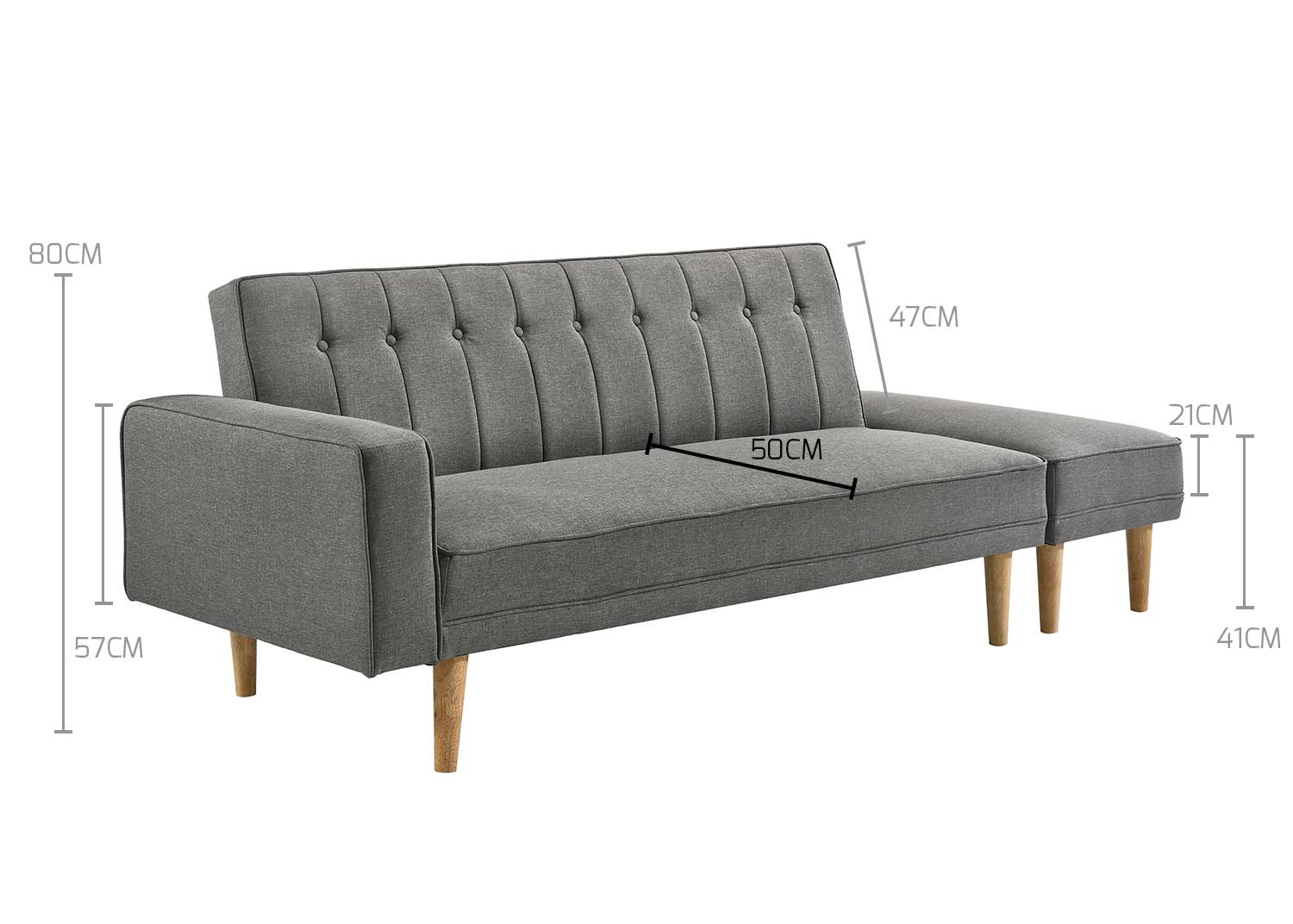 Furniture 3 Seater Fabric Sofa Bed with Ottoman - Light Grey