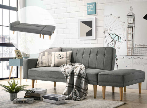 Furniture 3 Seater Fabric Sofa Bed with Ottoman - Light Grey