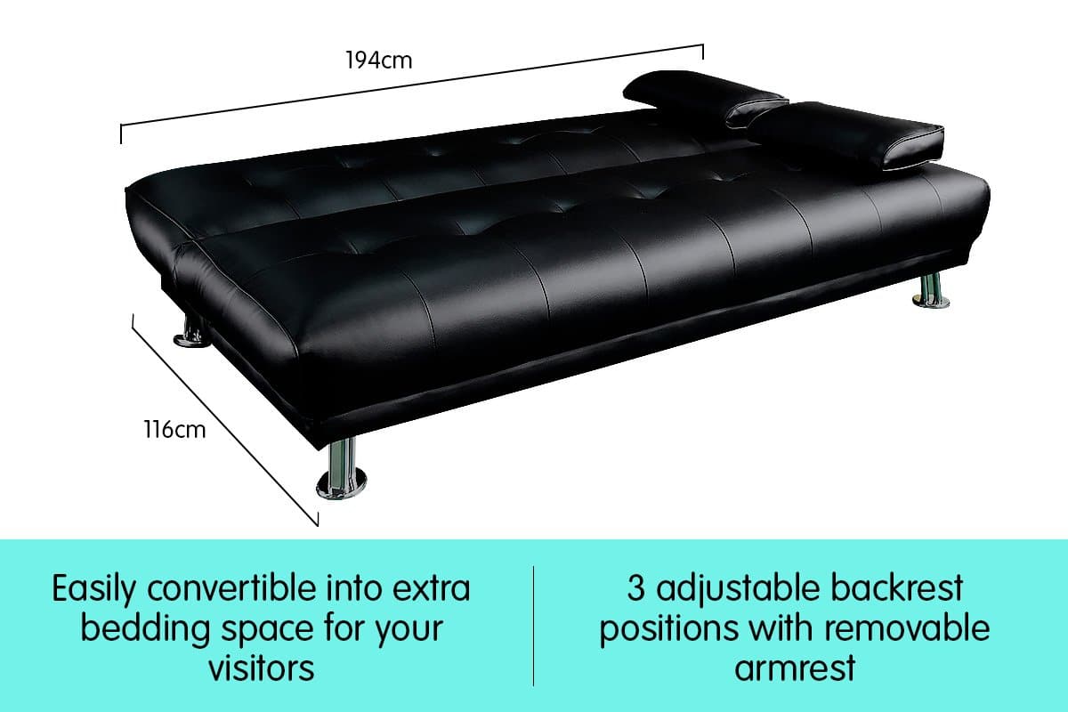 3 Seater Faux Leather Sofa Bed Couch Lounge Futon - Black