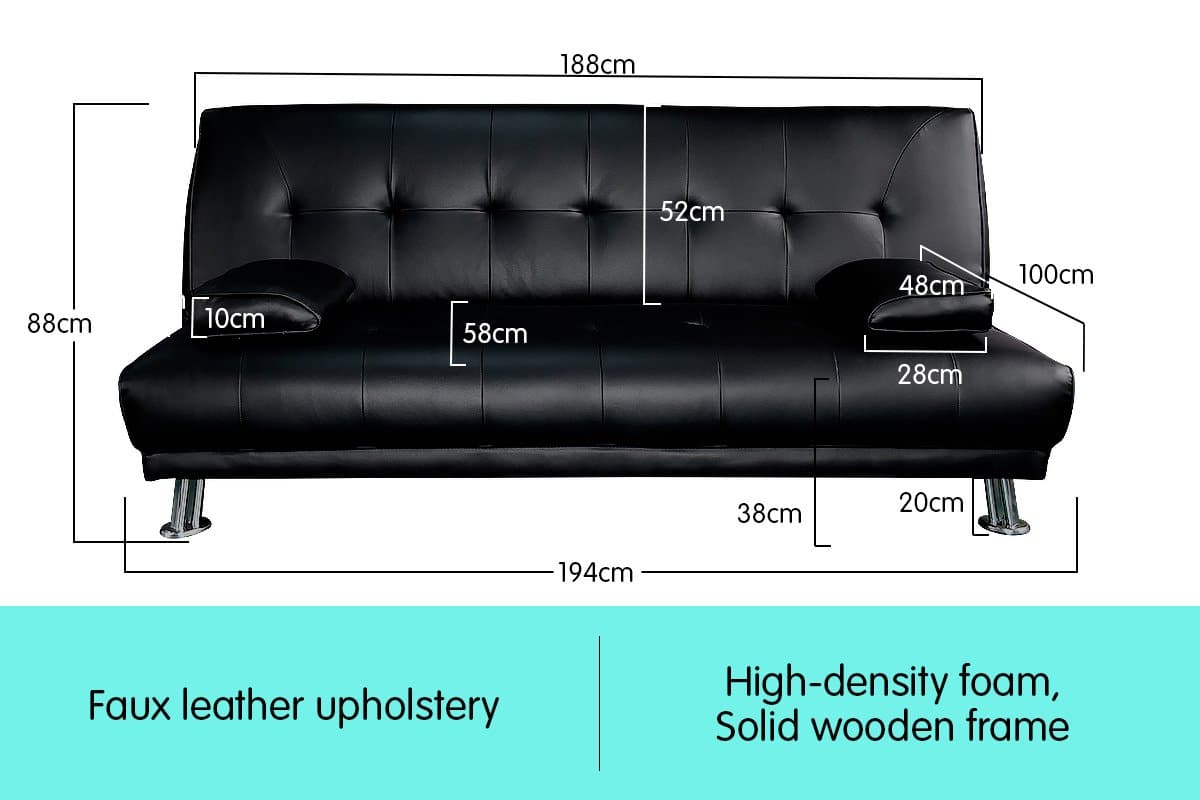 3 Seater Faux Leather Sofa Bed Couch Lounge Futon - Black