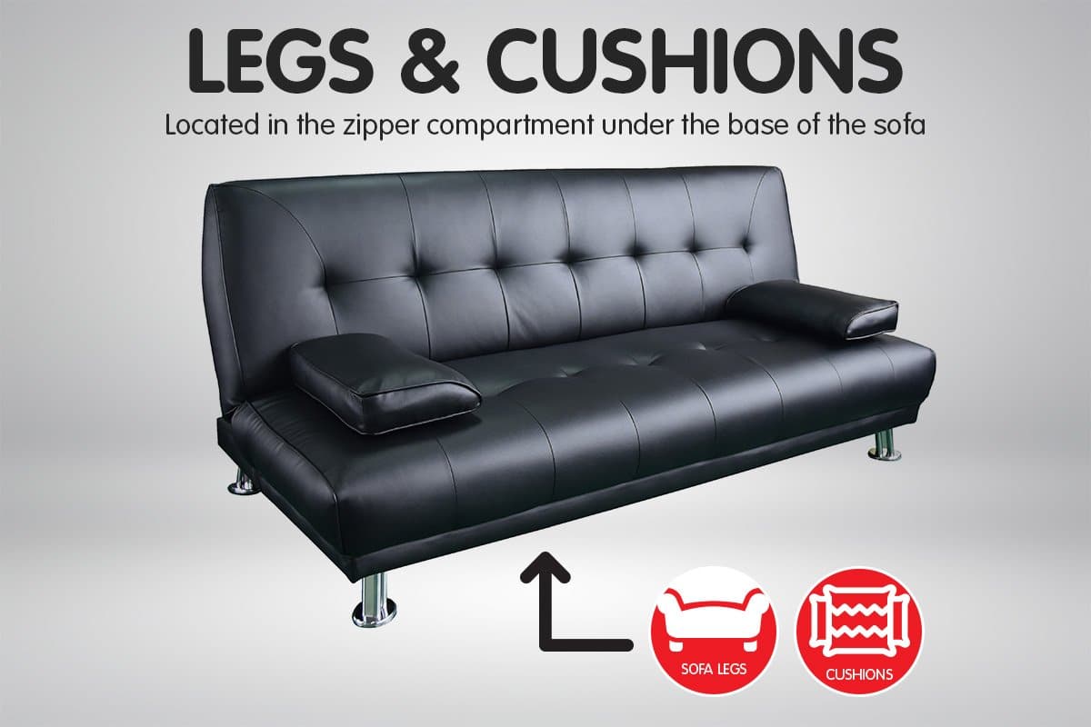 3 Seater Faux Leather Sofa Bed Couch Lounge Futon - Black