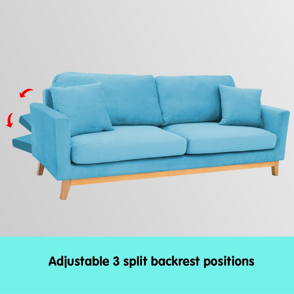 3 Seater Faux Velvet Sofa Bed Couch Furniture - Blue