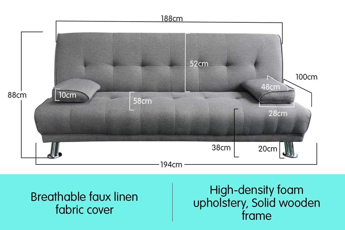 3 Seater Linen Sofa Bed Couch Lounge Futon - Light Grey