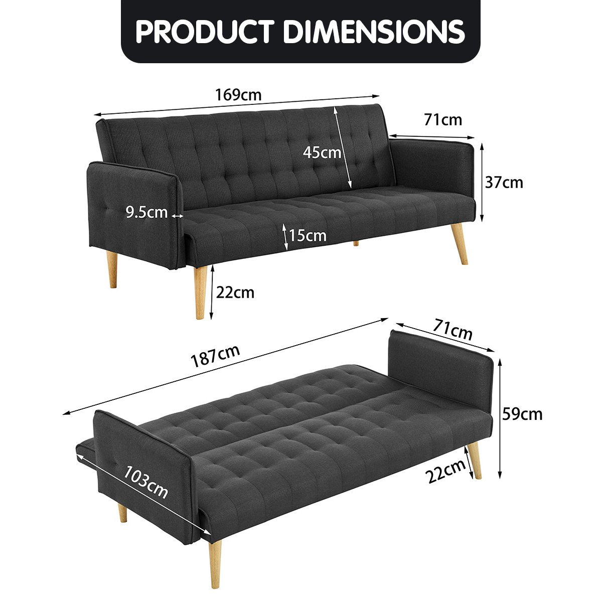 indoor furniture 3 Seater Modular Linen Fabric Sofa Bed Couch - Black