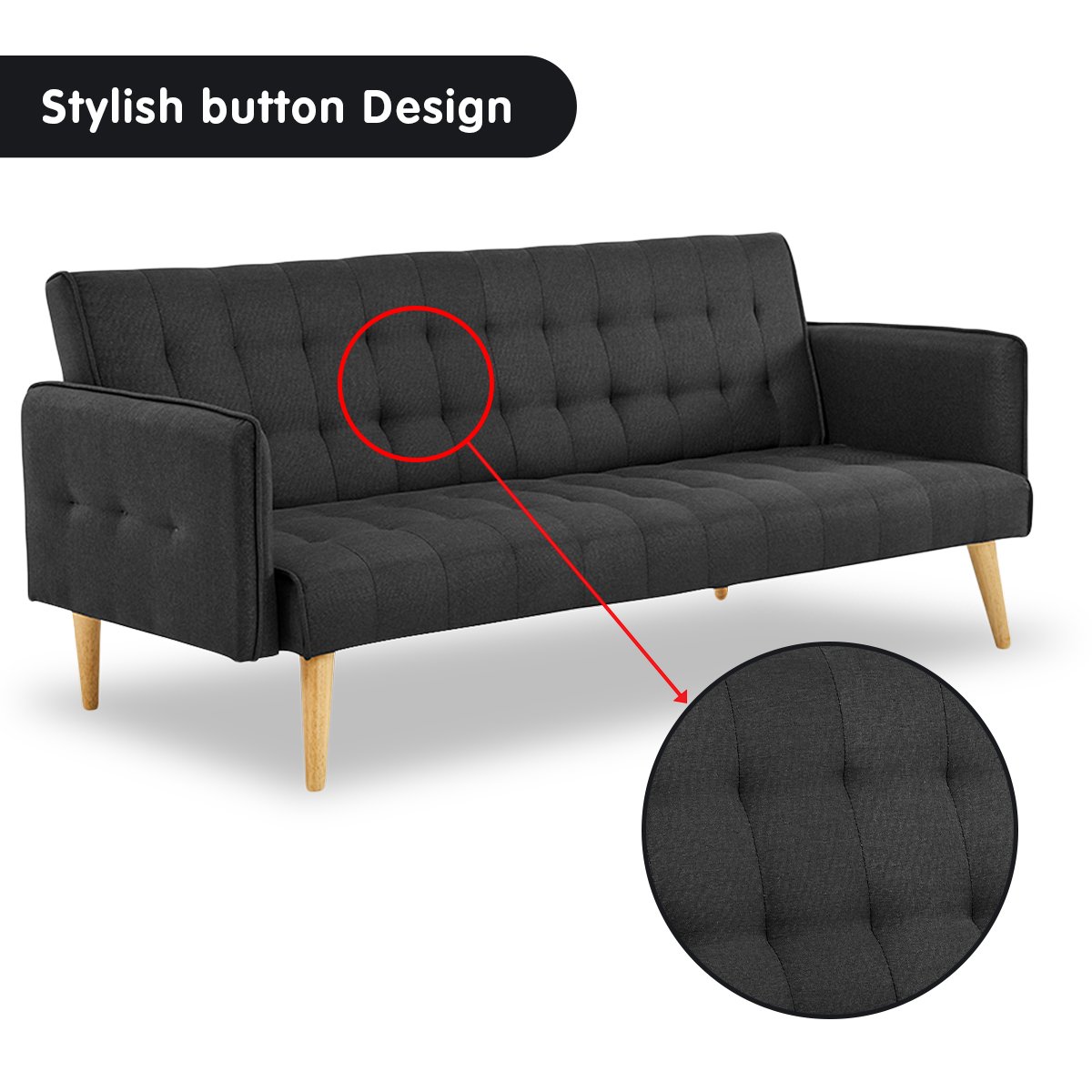 indoor furniture 3 Seater Modular Linen Fabric Sofa Bed Couch - Black