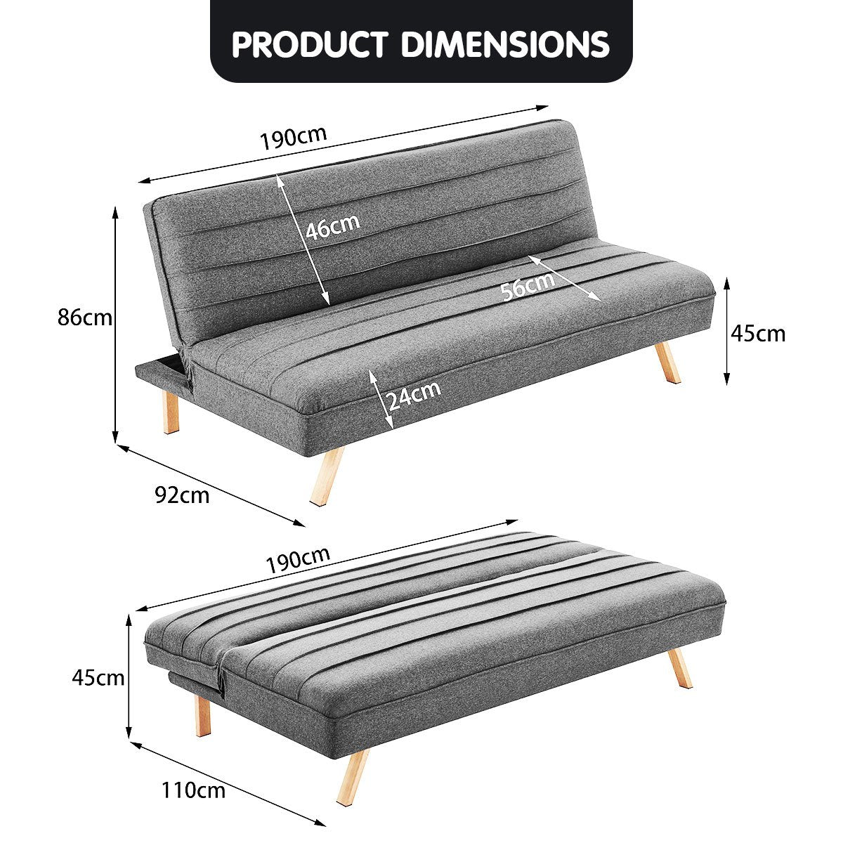 indoor furniture 3 Seater Modular Linen Fabric Sofa Bed Couch - Dark Grey