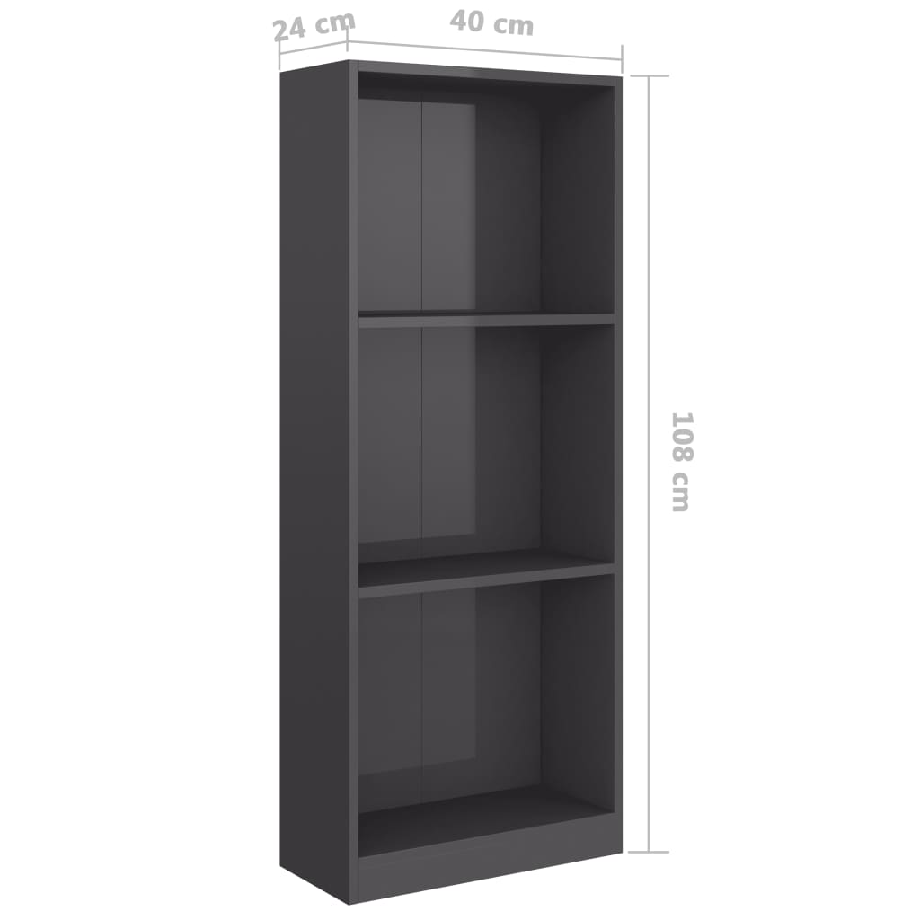 3-Tier Book Cabinet High Gloss Grey 40x24x108 cm Chipboard