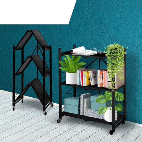 Plant Stands 3-Tier Wheel Collapsible Foldable Storage Shelf Display Rack