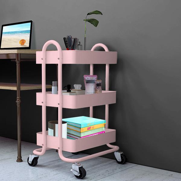 office & study 3 Tiers Kitchen Trolley Cart Steel Storage Rack Pink