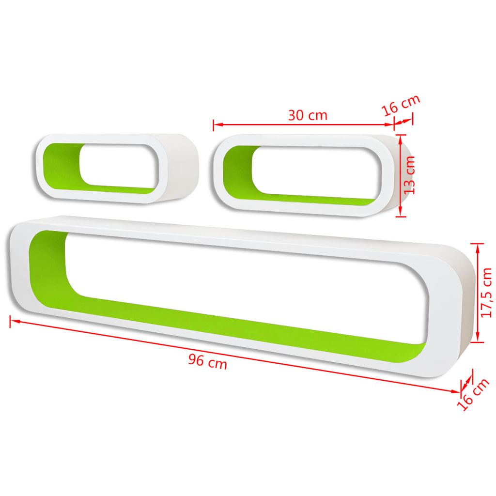 3 White-green MDF Floating Wall Display Shelf Cubes Book/DVD Storage