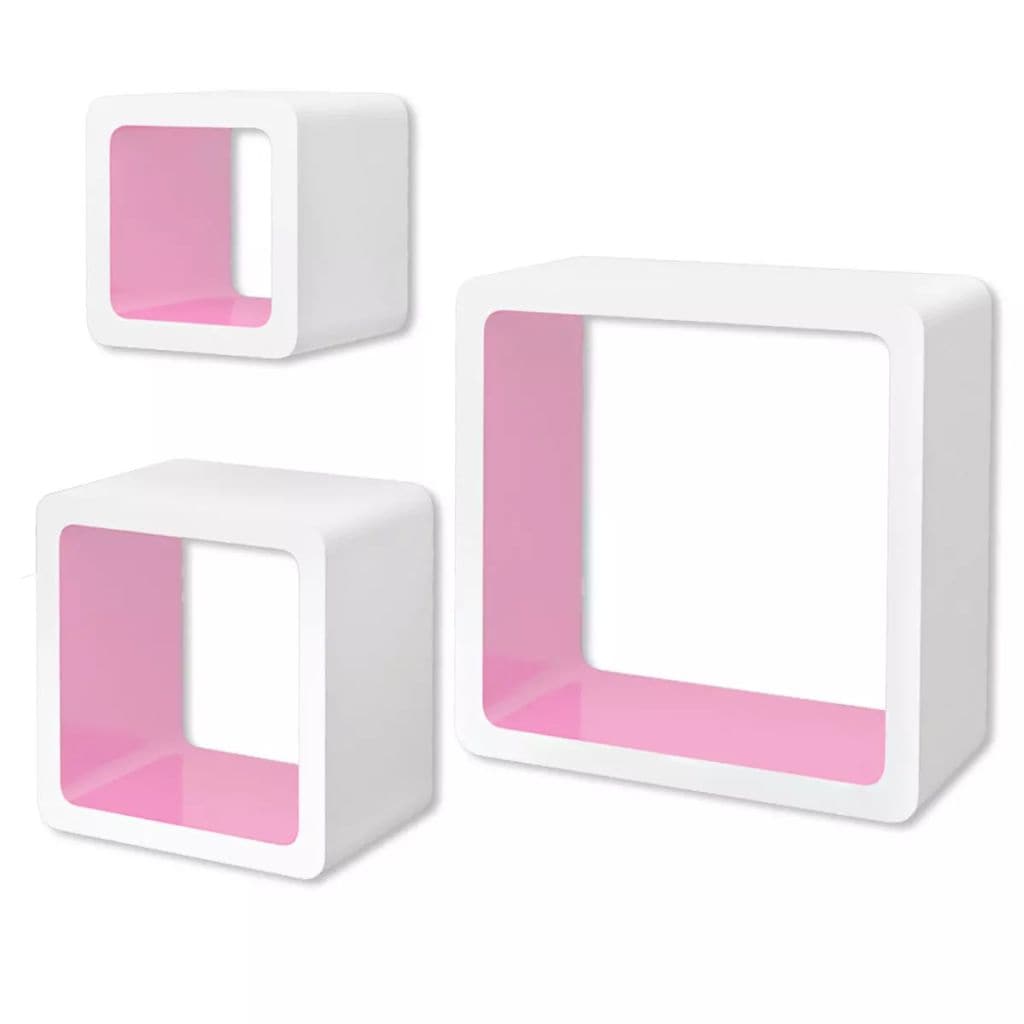 3 White-pink MDF Floating Wall Display Shelf Cubes Book/DVD Storage