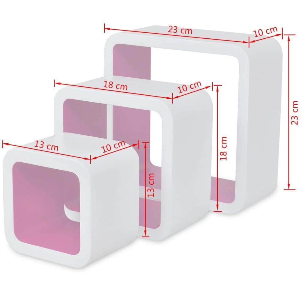 3 White-pink MDF Floating Wall Display Shelf Cubes Book/DVD Storage
