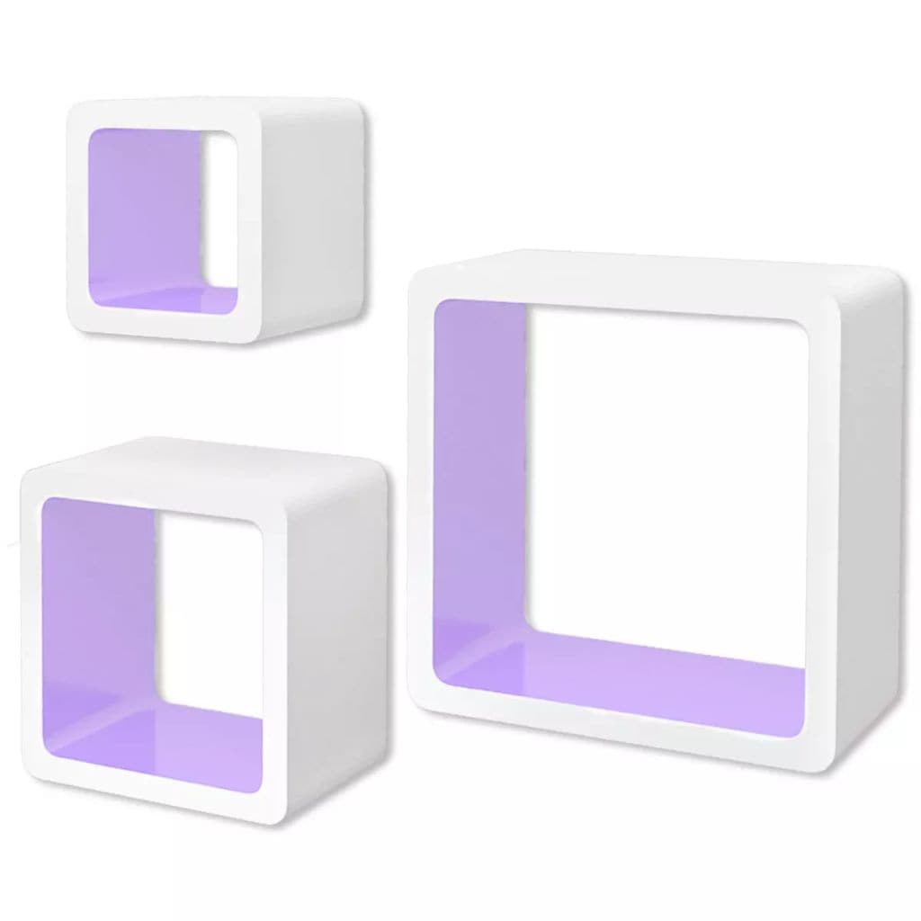 3 White-purple MDF Floating Wall Display Shelf Cubes Book/DVD Storage