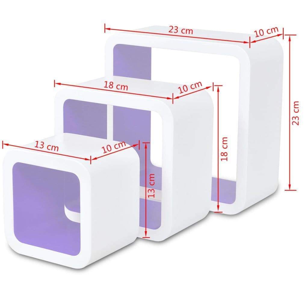 3 White-purple MDF Floating Wall Display Shelf Cubes Book/DVD Storage