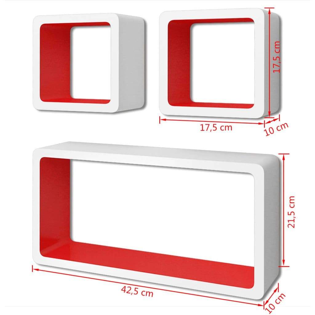 3 White-red MDF Floating Wall Display Shelf Cubes Book/DVD Storage