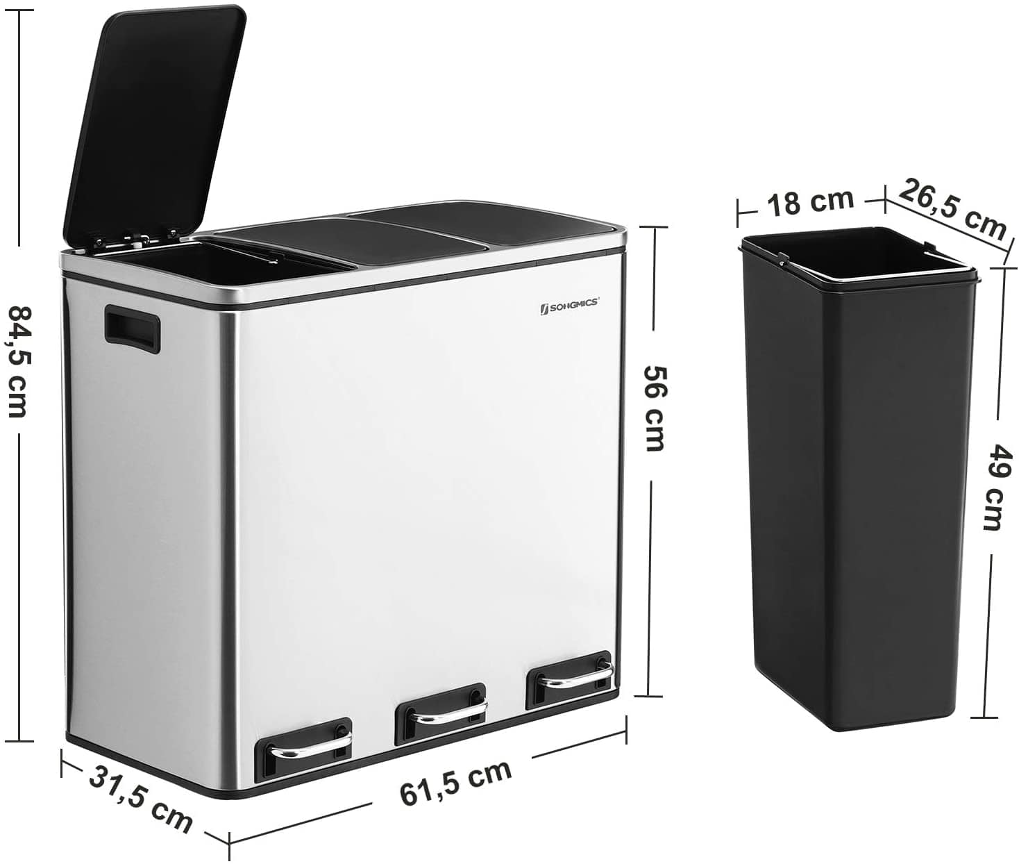 3 x 18 L Waste Separation System with 3 Plastic Inner Buckets Pedal