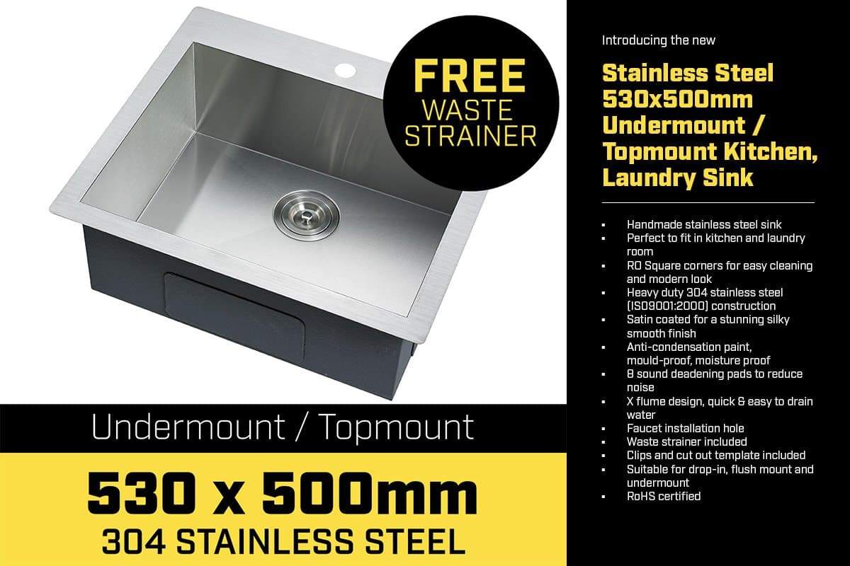 304 Stainless Steel Undermount Topmount Kitchen Laundry Sink - 530 x 500mm