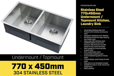 304 Stainless Steel Undermount Topmount Kitchen Laundry Sink - 770 x 450mm