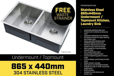 304 Stainless Steel Undermount Topmount Kitchen Laundry Sink - 865 x 440mm
