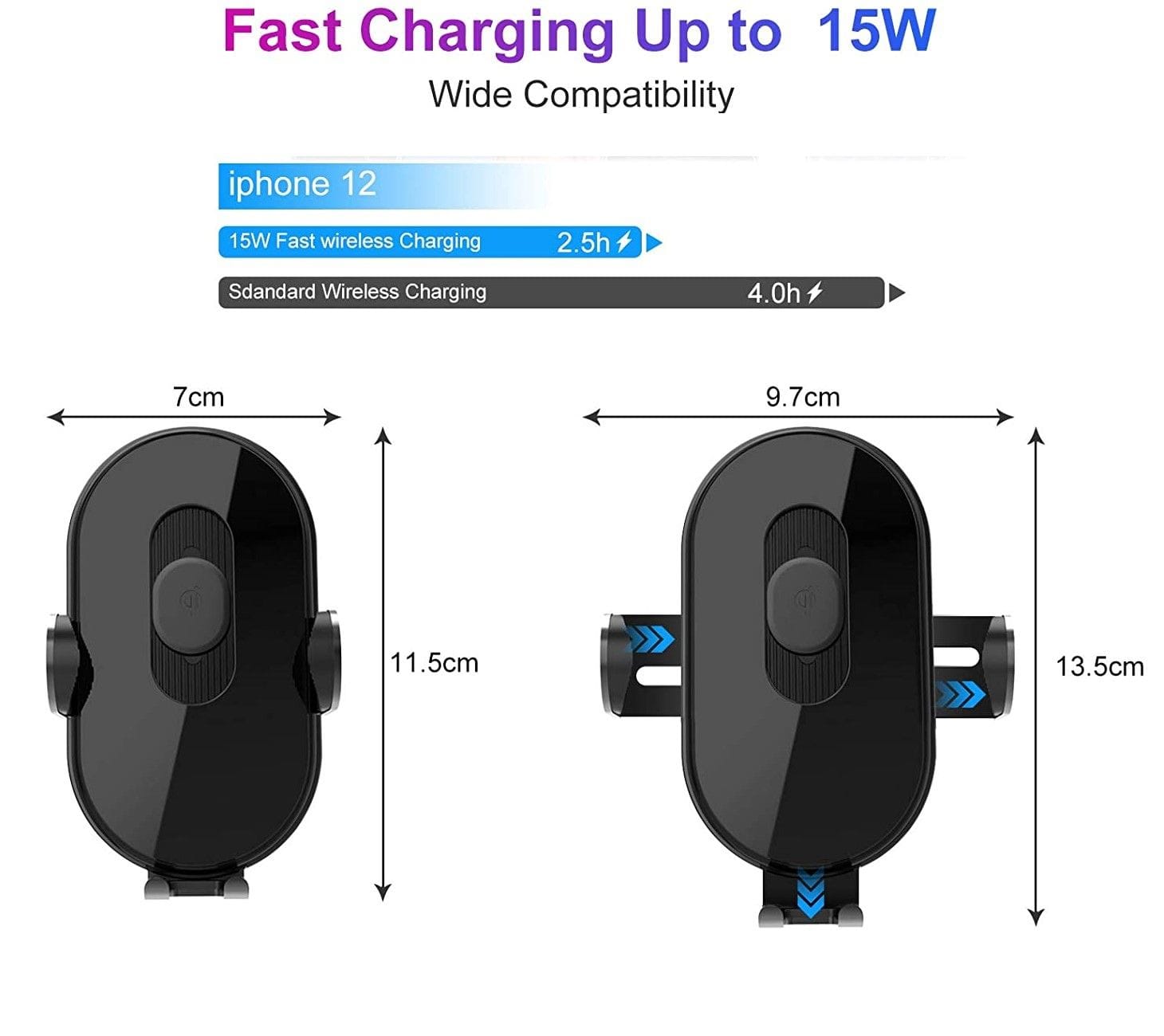 360 Wireless Car Charger Mount with Auto-Clamping 15w Fast Charging