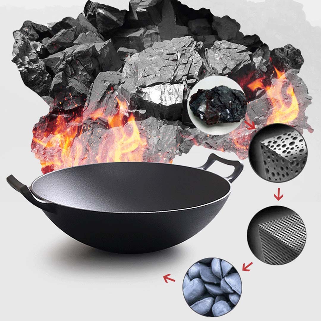 Frying Pans 36CM Commercial Cast Iron Wok FryPan with Wooden Lid Fry Pan
